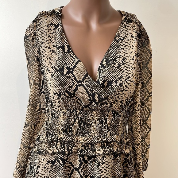 Suncoo Paris Dress Snake Animal Print Longsleeve Wrap Ruffled Sheer Large New - Picture 2 of 12